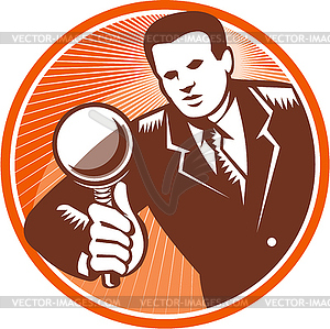 Businessman Holding Looking Magnifying Glass Woodcut - vector clipart
