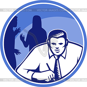 Office Worker Businessman Writing Woodcut - vector image