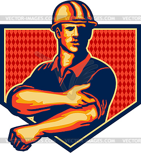 Construction Worker Rolling Up Sleeve Retro - vector image