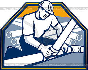Drainlayer Worker Laying Pipes Retro - vector clip art