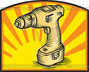 Cordless Drill Power Tool Woodcut Retro - vector image