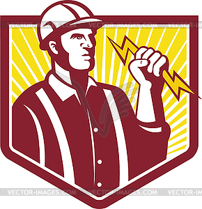 Electrician Holding Lightning Bolt Retro - vector clip art