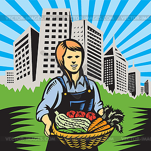 Female Organic Farmer Harvest Building Retro - vector clipart