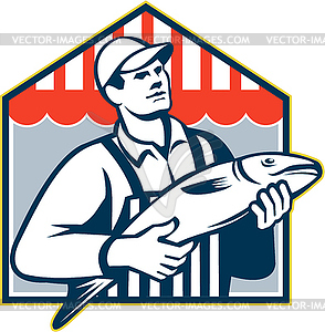 Fishmonger Holding Fish Retro - vector image