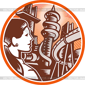 Futuristic City Woman Side Circle Woodcut - vector clipart