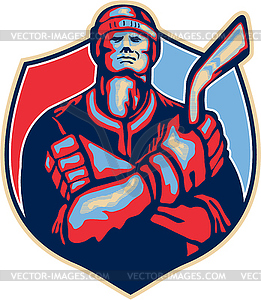 Ice Hockey Player Front With Stick Retro - vector clip art