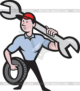 Mechanic With Tire Socket Wrench And Tire - vector image