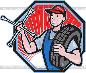 Mechanic With Tire Socket Wrench And Tire - vector clip art