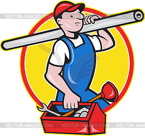 Plumber With Pipe Toolbox Cartoon - vector image