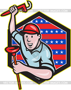 Plumber With Monkey Wrench And Plunger Cartoon - vector clip art