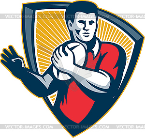 Rugby Player Running Ball Shield Retro - vector image