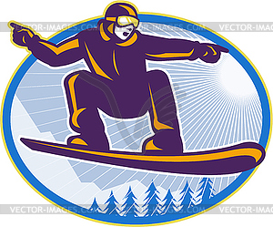 Snowboarder Holding Snowboard Retro - vector clip art