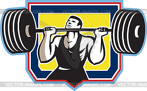 Weightlifter Lifting Heavy Barbell Retro - vector image