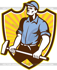 Worker Wielding Sledgehammer Crest Retro - vector image