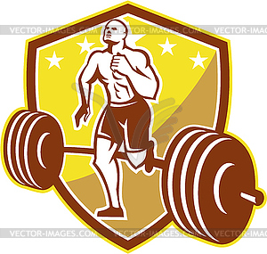 Crossfit Athlete Runner Barbell Shield Retro - vector image