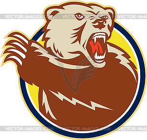 Grizzly Bear Swiping Paw Retro - vector clipart