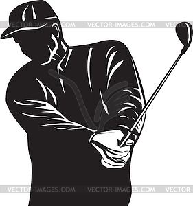 Golfer Swinging Club Black and White Retro - vector clip art