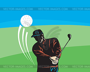 Golfer Swinging Club Retro - vector image