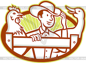 Farmer With Chicken Goose Cartoon - vector image