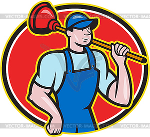 Plumber Holding Plunger Cartoon - vector clip art