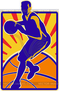 Basketball Player Dribbling Ball Retro - vector image