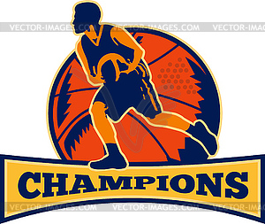 Basketball Player Dribbling Ball Champions Retro - vector clipart