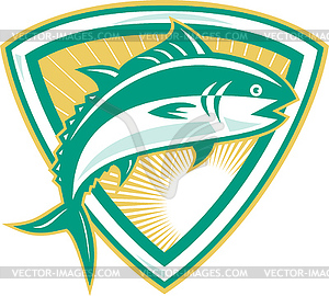 Bluefin Tuna Fish Jumping With Shield Retro - vector image