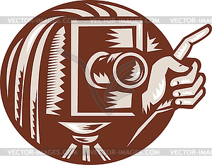 Vintage Camera Hand Pointing Retro Woodcut - vector clipart