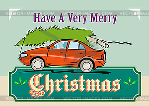 Merry Christmas Tree Car Automobile - vector image