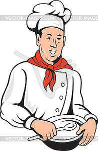 Chef holdingpsoonandbowl front - vector image