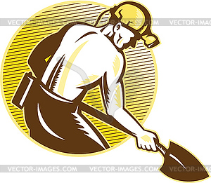 Coal Miner With Shovel Retro Woodcut - vector clipart