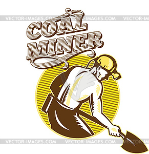 Coal Miner With Shovel Retro Woodcut - vector image
