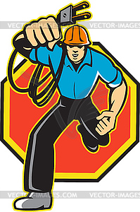 Electrician Worker Running Electrical Plug - vector clipart