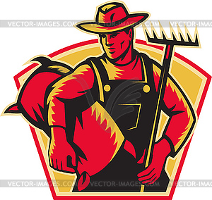 Farmer Agricultural Worker With Rake and Sack - vector image