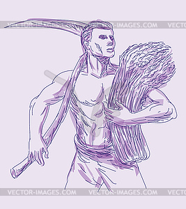 Farmer with Scy And Wheat Harvest - vector image