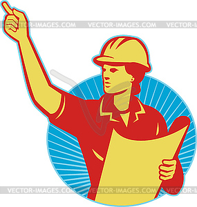 Female Engineer Construction Worker Pointing Retro - vector image
