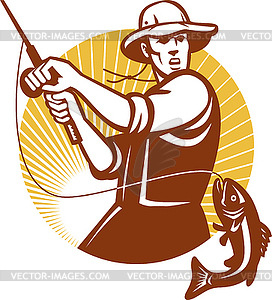 Fisherman catching largemouth bass front - vector EPS clipart