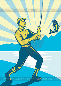 Fly Fisherman Fishing Retro Woodcut - vector image