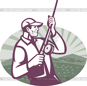 Fly Fisherman Fishing Retro Woodcut - vector image