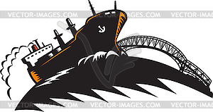 Freighter Cargo Container Ship With Bridge - vector clip art