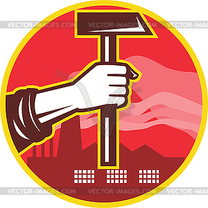 Hand Holding Hammer Factory Retro - vector image