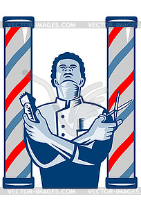 С полюса Парикмахерская машинка для стрижки волос и ножницы Ретро - иллюстрация в векторе