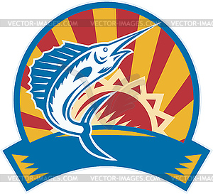 Sailfish Jumping Sunburst Woodcut Retro - vector clipart