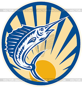Blue Marlin Jumping Circle Retro - color vector clipart