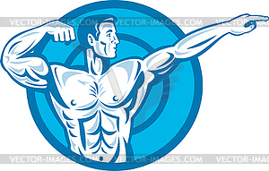 Bodybuilder Flexing Muscles Pointing Side Retro - vector clipart