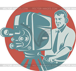 Cameraman Filming With Vintage TV Camera - vector clipart