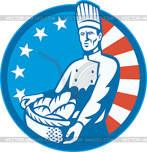 American Chef Baker Cook With Basket Loaf Bread - vector image