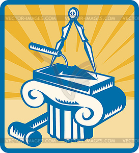 Masonry Trowel Compass Mallet and Column Retro - vector image