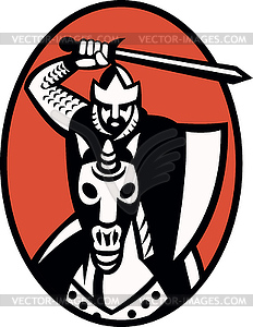 Knight Crusader With Sword Riding Horse Retro - vector image