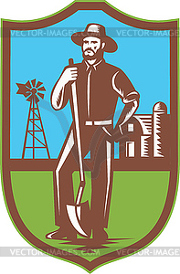 Farmer With Spade Windmill Farm Barn Retro - vector image